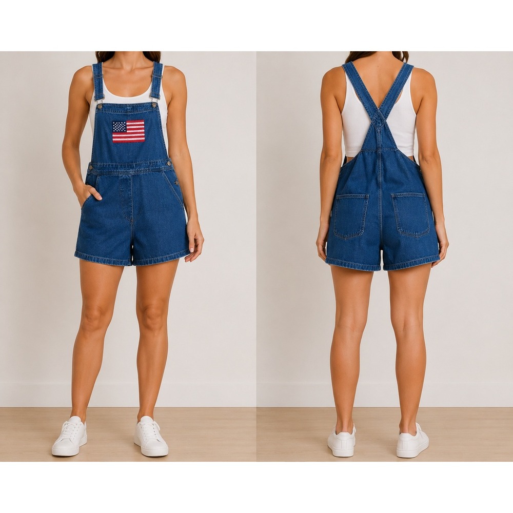 Agapo Blue Jean Overall Shorts American Flag Embroidery Loose Fit Women Sz Large